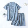 High Quality and Durable Men Cotton Pajama Set Single-Line Checkered Matching Loungewear Checkered Cardigan Shorts Sleepwear. 
