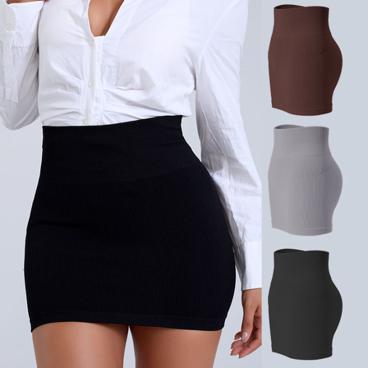 FINETOO Spring Summer New High Waist Elastic Business Women Mini Skirt Black Slimming Knitted Half Body Skirt Professional Work