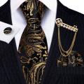 Barry.Wang Gold Black Jacquard Mens Tie Hanky Cufflink Brooch Set Floral Paisley Necktie Pin For Male Wedding Business Gift. 