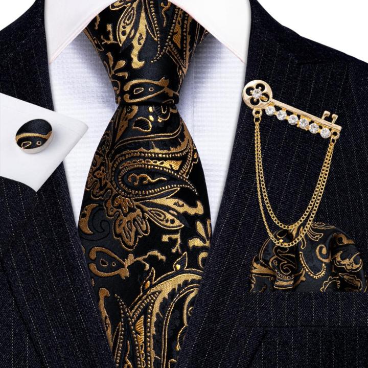 Barry.Wang%20Gold%20Black%20Jacquard%20Mens%20Tie%20Hanky%20Cufflink%20Brooch%20Set%20Floral%20Paisley%20Necktie%20Pin%20For%20Male%20Wedding%20Business%20Gift%20-%20Image%207