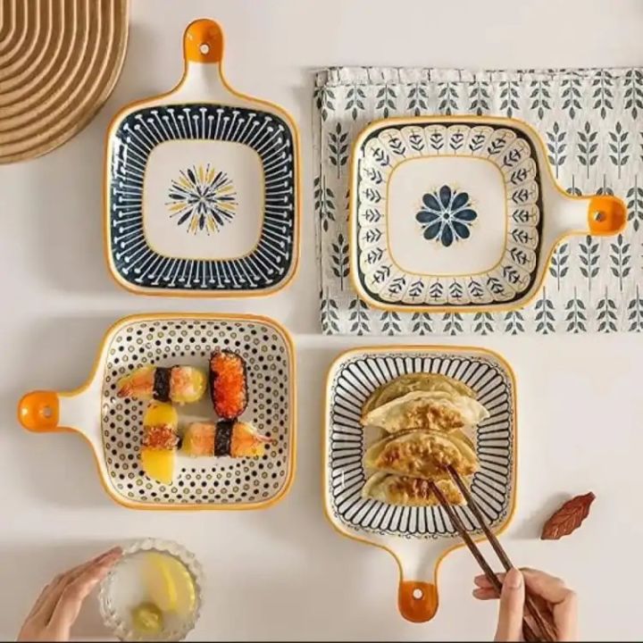Techmanistan Random Design - Ceramic Casserole Dishes with Handle, Small Oven Plate, Baked Rice Baking Tray Cake Tray Pizza Oven Dinner Plate Korean Bowl, Japanese Style Ceramic Home Fruit Plate New Flower Creative Brief Cute Square Plates