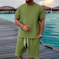2-piece men's short sleeved shorts set, made of jacquard fabric suitable for fitness, running, and outdoor leisure activities.