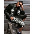 Men Black Non-Stretch Denim Jorts Summer Streetwear Print Baggy Wide Leg Knee Length Hip Hop Casual Shorts Y2K Punk Style.