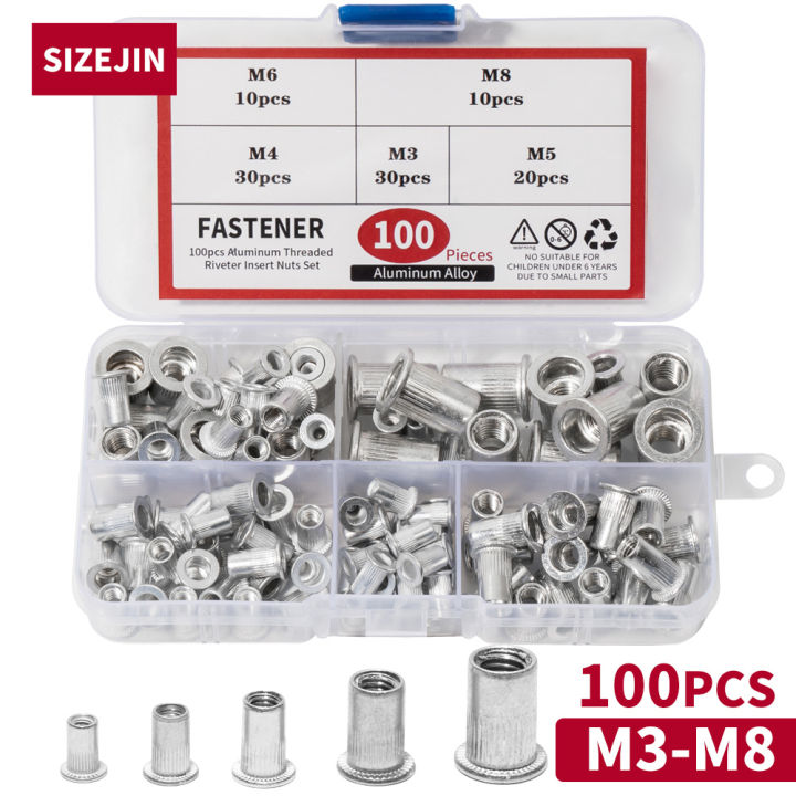 100 Pieces Aluminum Rivet Nut M3 M4 M5 M6 M8 Metal Threaded Rivets Kit ...