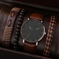 New Men Watch Luxury Bracelet Set Fashion Business Brown Leather Quartz Wrist Watches for Men Gift Set Relogio Masculino. 
