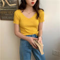 Basic V-neck Solid Thin Summer Pullover Women Female Knitted Ribbed Sweater Slim Short Sleeve Bodycon Sweater. 