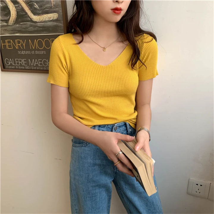 Basic%20V-neck%20Solid%20Thin%20Summer%20Pullover%20Women%20Female%20Knitted%20Ribbed%20Sweater%20Slim%20Short%20Sleeve%20Bodycon%20Sweater%20-%20Image%204