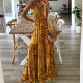 European And American New 2023 Bohemian Style New Strap Long Dress High Waist V-Neck Printed Fragmented Flower Dress Women's Wea. 