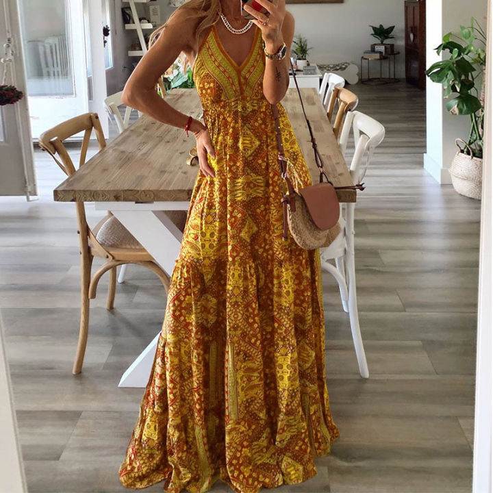 European%20And%20American%20New%202023%20Bohemian%20Style%20New%20Strap%20Long%20Dress%20High%20Waist%20V-Neck%20Printed%20Fragmented%20Flower%20Dress%20Women's%20Wea%20-%20Image%204