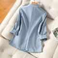 Blue Solid Casual Turn-Down Collar Single Button Three Quarter Sleeve Women's Jacket Suit Blazer Short Jackets Coat 2024 Fashion. 