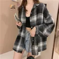 Women Tartan Shirt Long Sleeve Collared Button Up Oversized Plaid Shirt Jacket Grunge Fashion Teenage Girl Spring Summer Outfit. 