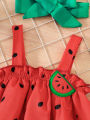 Baby Girl Watermelon Three-Piece Set: Suspender Dress, Shorts, Headband, Summer Cute Fruit-Themed Outfit. 