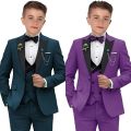 Elegant Burgundy Boy's Suit Set for Wedding, 3 Pieces Suit Set Elagent Tuxedo Sets Blazer Vest Pants Kids Photo Shot Oufit.