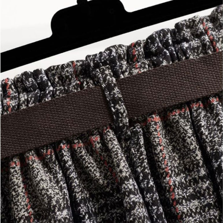 Gray%20Plaid%20Vintage%20Woolen%20Sashe%20Elastic%20High%20Waist%20A-line%20Loose%20Women's%20Skirt%20Mid-Calf%20Long%20Skirts%20For%20Women%20Clothing%20Fashion%20-%20Image%205