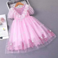 Girls Summer Mesh Dress Children Tulle Tutu Gown Kids Birthday A-Line Long Dresses 2025 Children Print Bow Short-sleeve Clothing.