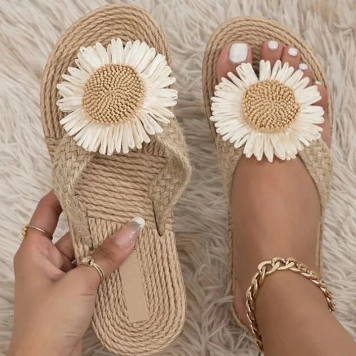 2024%20New%20Linen%20Flower%20Decor%20Flip%20Flops%20Fashion%20Women%20Slides%20Flat%20Heel%20Outdoor%20Beach%20Summer%20Woman%20Slippers%20Ladies%20Shoes%20-%20Image%202
