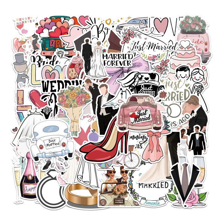 50Pcs Wedding Stickers Bride Just Married DIY Stickers Scrapbooking Phone Luggage Skateboard Waterproof Graffiti Decals