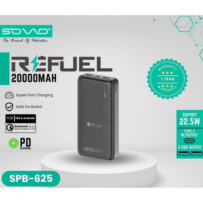 SOVO Refuel SPB-625 20000mAh Portable Power Bank -

1 Year Warranty