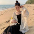 Swanwany Summer sweet thin sunscreen cardigan female Korean lace up openwork blouse female holiday beach daily long sleeve blouse phone case.