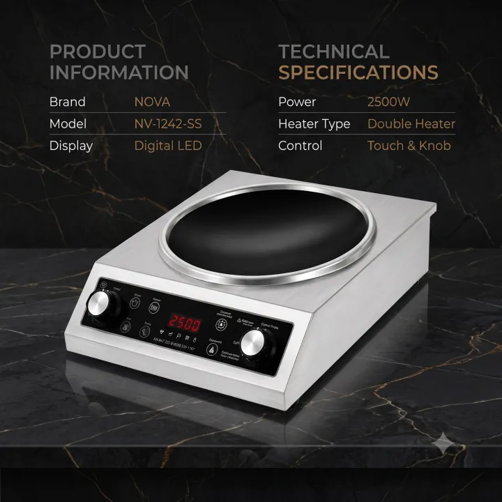 NOVA NV-1242-SS Infrared Cooker 2500W Double Heater Inverter Friendly Touch & Knob Control