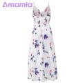 Amamia Party Dress Deep V Neck Floral Print Waist Tight Slit Hem Dress. 