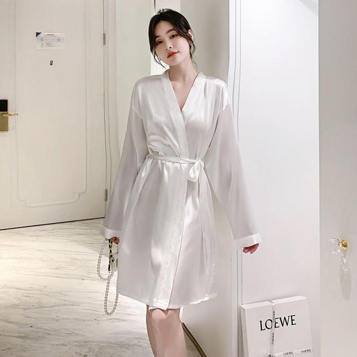 Couple Nightgown Women's Spring Autumn and Winter Ice Silk Bathrobe Middle Robe Men's Hotel Style Large Size Loose Home Wear