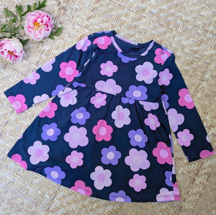 Charming Winter Elegance: Navy Blue Flower Design Frock for Your Little Princess (6 Months to 2 Years