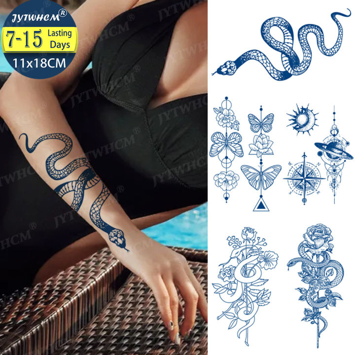 Juice Ink Large Arm Temporary Tattoo Stickers Snake for Woman Men Waterproof Long Lasting Body Waist Butterfly Realistic Tattoos
