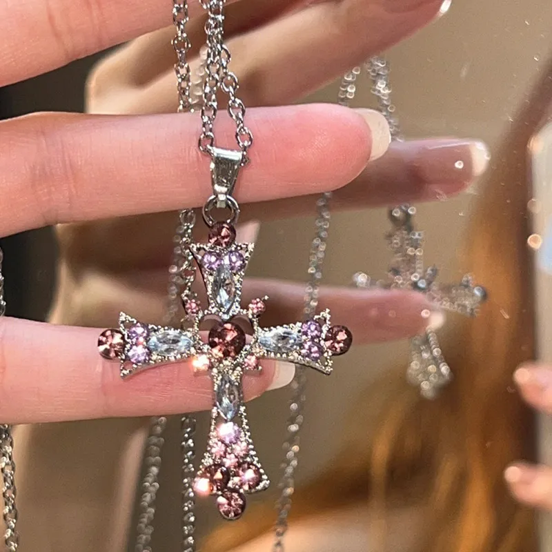 Y2K Zircon Cross Necklace Pink Purple Love Heart Cross Pendant
