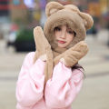 Bear hat, scarf, gloves, one-piece three-piece set for women, autumn and winter, Korean version of students, cute thickened knitted plush hat.
