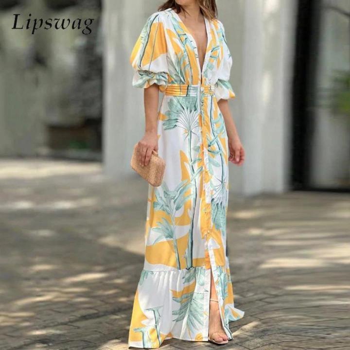 Summer Deep V Neck Lantern Half Sleeve Long Dress Fashion Print  Single-breasted Loose Dress New Elegant Women Ruffle Maxi Dress |  Daraz.com.bd
