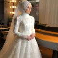 Islamic Full Lace Pearls Muslim Wedding Dress High Neck Hijab Bridal Dress Elegant Vestidos De Novia. 