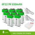 8PCS 9V Rechargeable Li-Ion Battery USB Charging 6F22 Li-ion Square Battery for Metal Detector KTV Microphone Toy Multimeter.