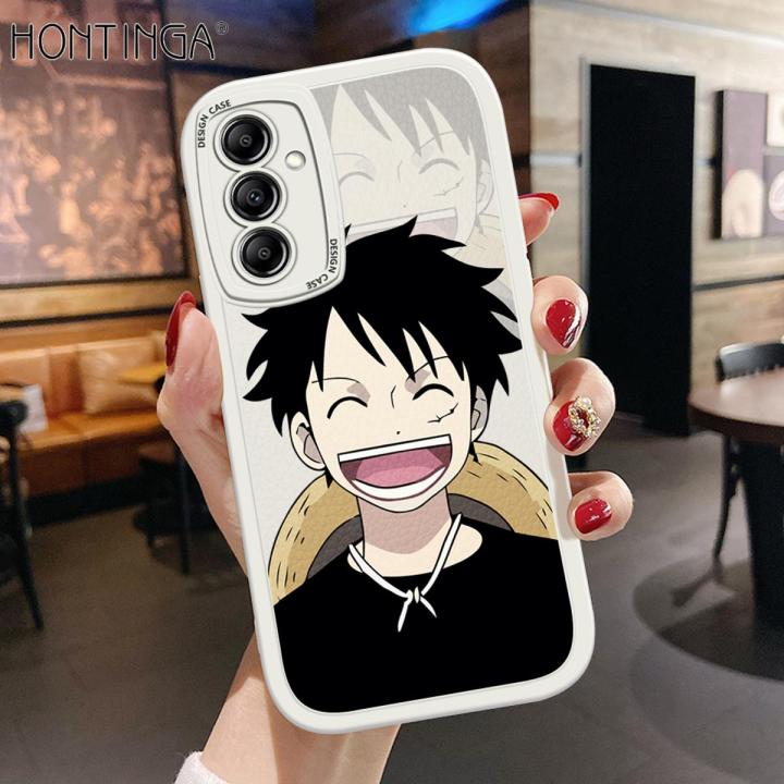 Hontinga for Samsung Galaxy A34 5G Back Cover PU Leather Happy Luffy Phone Case Soft Silicone Edge Mobile Cover