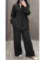 Ladies Casual Long Sleeve Pocket Shirts 2 Piece Set Fashion Loose Pleated Wide-leg Pants Suit. 