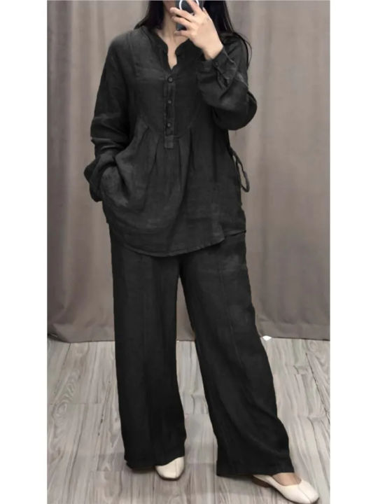Ladies%20Casual%20Long%20Sleeve%20Pocket%20Shirts%202%20Piece%20Set%20Fashion%20Loose%20Pleated%20Wide-leg%20Pants%20Suit%20-%20Image%203
