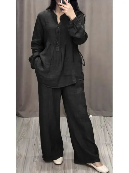 Ladies%20Casual%20Long%20Sleeve%20Pocket%20Shirts%202%20Piece%20Set%20Fashion%20Loose%20Pleated%20Wide-leg%20Pants%20Suit%20-%20Image%203