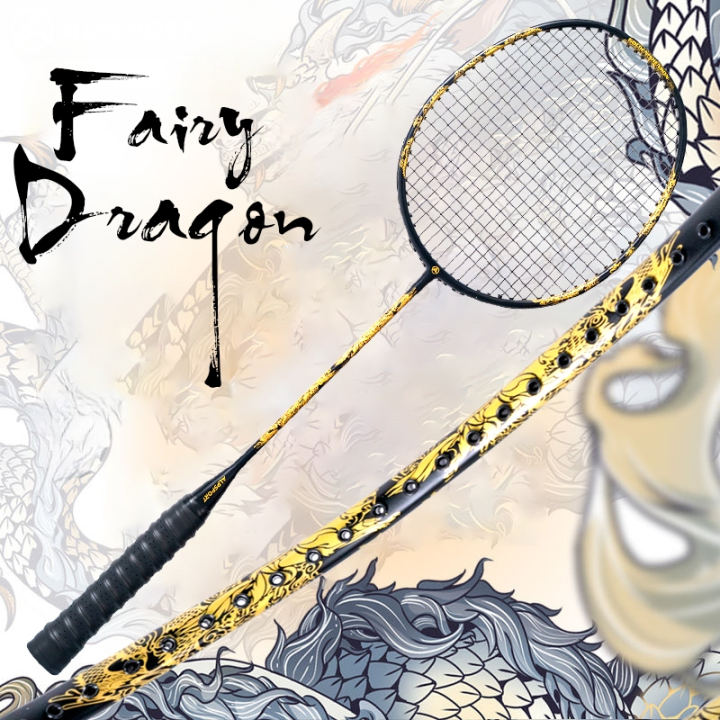 ALPSPORT DRAGON Advent 4U 26LBS Offensive Badminton Racket Embossing Technology Gold Black Racket Stringing 100% Original Design Full Carbon Fiber Rocket Suitable for Students Beginners Amateur Rsl Racket