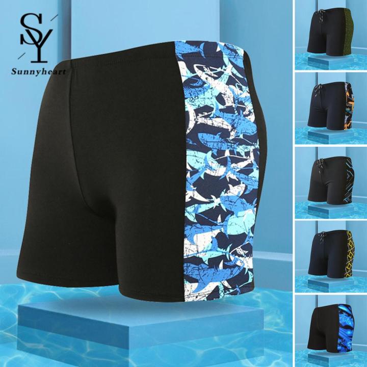 Sunnyheart Swim Shorts Elastic Waistband Men Shark Print Stitching Swim Shorts