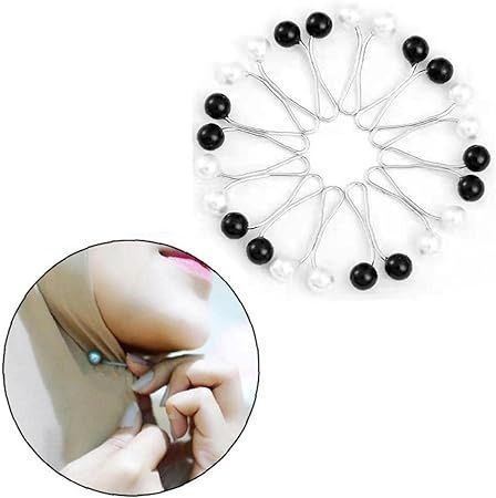 4 pcs Scarf Clip Hijab Pin Double Faux Pearls Scarf Shawl Buckle For Women (BLACK & White)