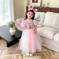 Christmas Halloween Pink Girls Rainbow Unicorn Dress Korean Birthday Elegant Puff Sleeve Princess Gowns Colorful Feather Wings. 
