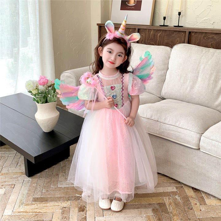 Christmas%20Halloween%20Pink%20Girls%20Rainbow%20Unicorn%20Dress%20Korean%20Birthday%20Elegant%20Puff%20Sleeve%20Princess%20Gowns%20Colorful%20Feather%20Wings%20-%20Image%202