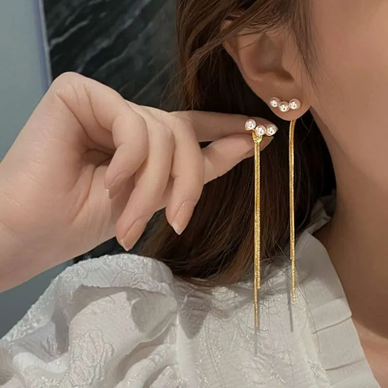 Double Tassel Earrings Simple Strip Imitation pearl Long Chain