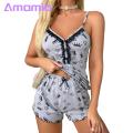 Amamia Women Loungewear Lace Stitching Women Dot Print Sling Vest Wide Leg Shorts Set. 