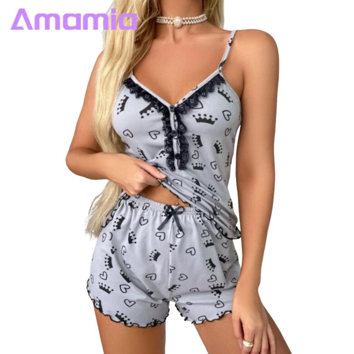 Amamia%20Women%20Loungewear%20Lace%20Stitching%20Women%20Dot%20Print%20Sling%20Vest%20Wide%20Leg%20Shorts%20Set%20-%20Image%203