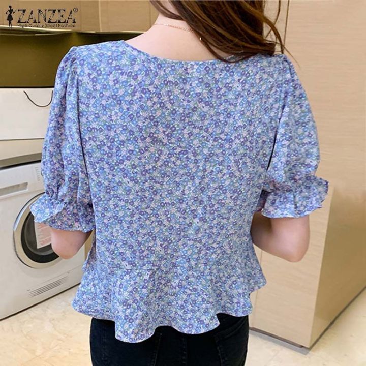ZANZEA%20Korean%20Style%20Women%20Holiday%20Floral%20Printed%20Shirt%20Romantic%20Puff%20Sleeve%20Crop%20Blouse%20Tops%20-%20Image%202