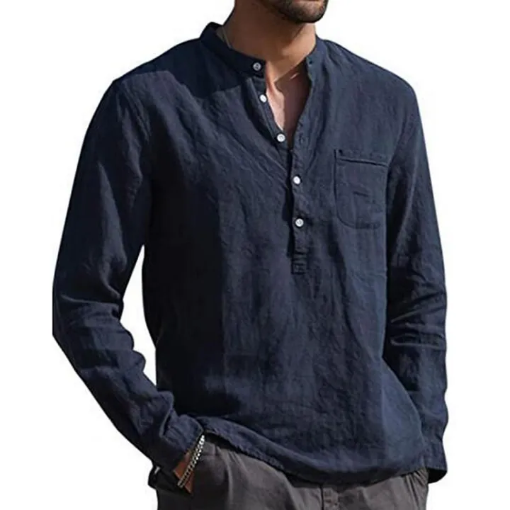 2021%20Men%20Casual%20Shirts%20Solid%20Color%20V%20Neck%20Long%20Sleeve%20Shirt%20Simple%20Button%20Pocket%20Top%20Cotton%20Linen%20Skin-friendly%20Daily%20Wear%20Shirt%20-%20Image%203