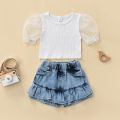 2Pcs Girls Summer Outfit, Patchwork Bubble-Sleeve Blouse + Frill Denim Shorts Set for Kids, 6 Months to 4 Years. 
