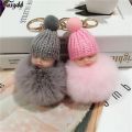 Wooled Doll Shaped Key Ring - Pink and Grey - Doll. 