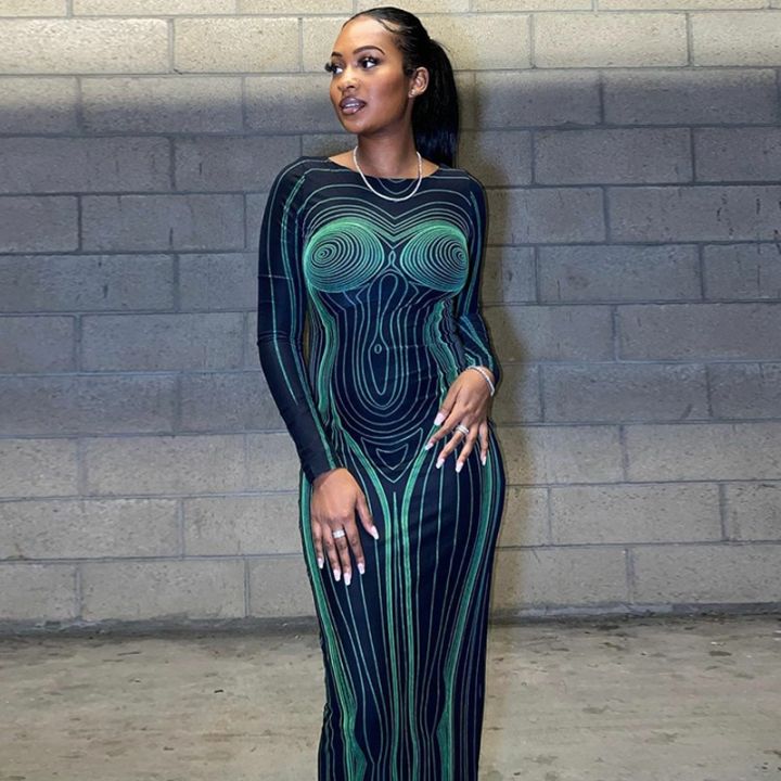 Hugcitar Striped Print Long Sleeve See Through Bodycon Maxi Dress 2023 Winter Women Y2K Evening Party Festival Clothes